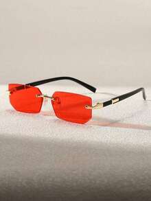1pc Black Small Frame Fashion Rimless Y2K Summer Beach Driving Fashion Glasses For Summer Beach Vacation,Outdoor,Travel - Red - View 2
