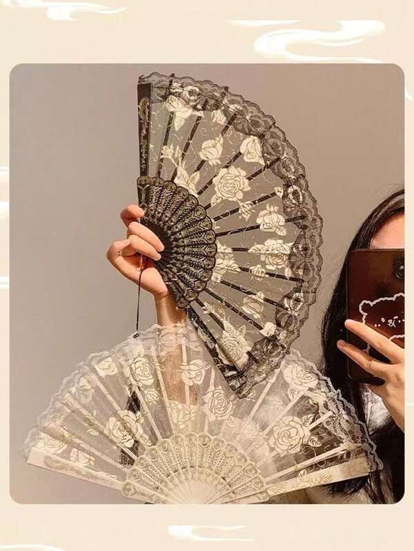 1pc 2025 New Vintage Lace Chinese/Korean/European Style Hand Fan, Dance/Photo Prop, Ancient Aesthetic Decor, ABS Plastic+Lace Material, Suitable For Festivals, Halloween, Dance, Photography, Outdoor Cooling Summer Cooling,Beach,Travel