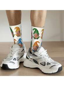 1 Pair Men's Custom Face Print Mid-Calf Socks, Personalized Easter Pattern Socks, Holiday Gift Socks