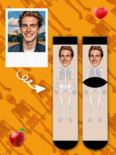 1 Pair Of New Funny Halloween Skull Custom Socks, Couple Custom Socks, Graduation Gift, Fun Turtlenecks Custom Socks As Men's Gifts, Sports Socks, Custom Sports Socks, Birthday Custom Gifts, As Valentine's Day Gifts, Men's Novelty Socks