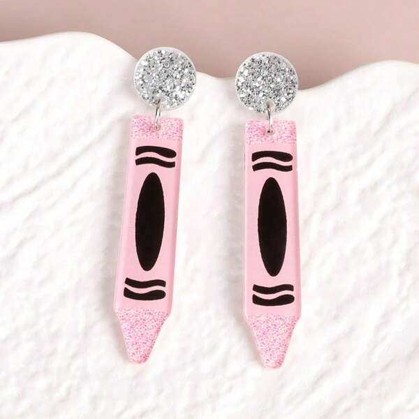 1 Pair Back To School/Teachers' Day Cute Pencil Design Acrylic Earrings, Fashion Stud Earrings