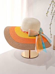 Nuovo cappello di paglia a tesa larga di stile boho da donna, con decorazione in pizzo e fiocco, cappello da spiaggia alla moda, a tesa ampia pieghevole per uso esterno, tempo libero, viaggi, colore vivace - Multicolore - Visualizzare 2