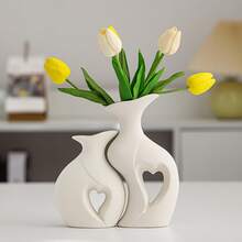 2pcs Black & White Heart-Shaped Vases, Modern Bohemian Hollow Flower Vases, Nordic Style Decorative Vases For Room, Bookshelf, Fireplace, Tabletop, Living Room Accessories - Multicolor - View 1