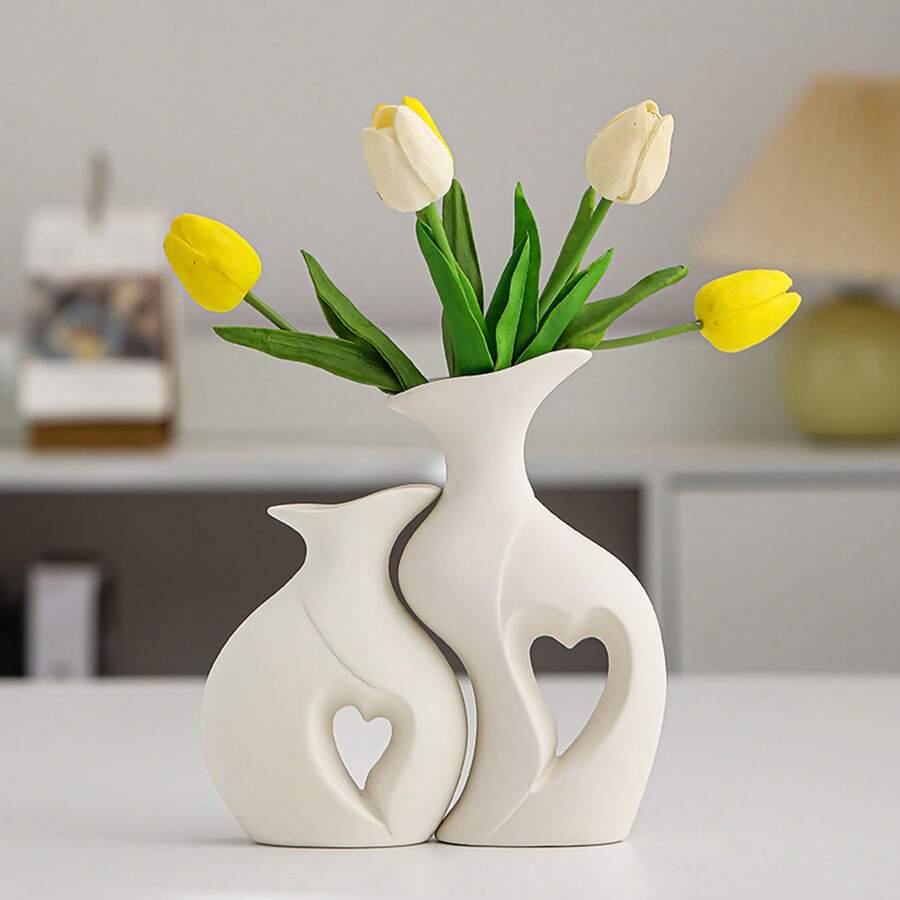 2pcs Black & White Heart-Shaped Vases, Modern Bohemian Hollow Flower Vases, Nordic Style Decorative Vases For Room, Bookshelf, Fireplace, Tabletop, Living Room Accessories - Multicolor - View 1
