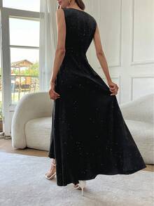 Elegantes einfarbiges Damen V-Ausschnitt Glitzer Party Kleid, schirmförmiger geflügelter Rock, schweres, glänzendes Gewebe - Schwarz - Übersicht 4