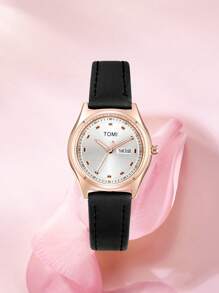 TOMI TOMI 1pc Universal Quartz Leather Watch With Dual Calendar, Elegant & Compact Design, Suitable For Daily Wear & Gift