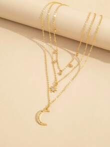 1pc Elegant & Charming Women's Jewelry Necklace With Rhinestone & Faux Zirconia Moon & Star Pendant, Fashion Women's Necklace, Suitable For Summer, Beach, Vacation, Party, Photo Shooting, Playa - Yellow Gold - View 3