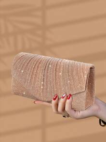 REMANLAND 1pc Elegant Pleated Shiny Women's Handbag, Fashionable Glamorous Ladies' Evening Wallet, Envelope-Style Clutch Bag With Hidden Card Slots And Compartments, Detachable Metal Chain Shoulder Strap, Suitable For Party Girls, Brides, Best Gift For Holidays And Weddings ,Wedding , Wedding - Champagne - View 4