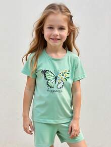 4-8Y Girls Cute Butterfly & Flower Print "Happy" Short Sleeve T-Shirt & Shorts Set, Casual Playwear Outfit, Summer - Mint Green - View 4