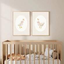 Set di 2 stampe su tela con motivo Gingham beige, raffiguranti oche, senza cornice, opere d'arte da parete per la cameretta, camera da letto, soggiorno, decorazione moderna per la casa