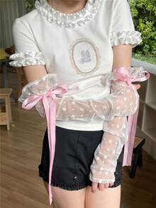 1pc Bowknot Ribbon Lace Sleeve Cuffs, Black & White Sleeve Cuffs Paired With Various Colored Bowknot Ribbons, Floral Embroidered Breathable Mesh Sleeve Cuffs - Multicolor - View 1