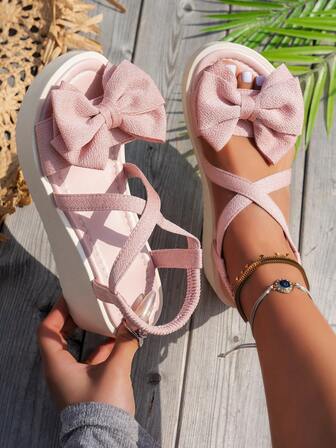 Sandalias con plataforma rosa para mujer con gran decoración de lazo, correa de tobillo cruzada cómoda, diseño deslizante, adecuadas para uso casual, vacaciones, playa, calzado de moda grueso, punta abierta