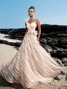 Gorgeous Asymmetry Neck Rainbow Contrast Sequined Evening Party Dress, Prom Evening Dresses Gown, Wedding Guest Dress For Women, Graduation, Dinner, Boho Dresses - Multicolor - View 5