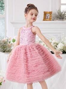 Young Girl Sparkly Mesh Pink Party Dress, Elegant Princess Cake Dress Suitable For Girls Birthday Gift, Banquet, Evening Gowns, Flower Girl, School Dance Dress, Party Celebration Formal Dress - Pink - View 6