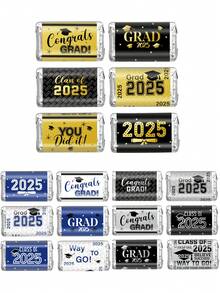 30pcs/5sheets Black & Golden Class Of 2025 Graduation Mini Candy Bar Wrapper, Congrats Mini Chocolate Bar Label Stickers, Grad Party Favor, Graduation Party Decoration, No Candy - Multicolor - View 1