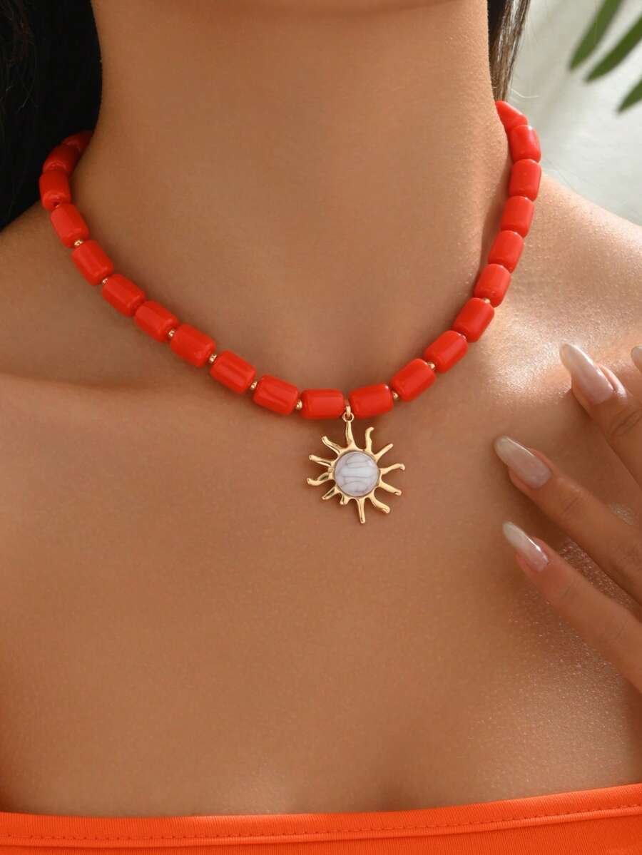 1pc Elegant & Sexy Bohemian Summer Women's Orange Resin Beaded Necklace With Gold Sun, Heart Pendant, Glass Beads, Multi-Style Options, Resin Inlaid, Suitable For Fashion Ladies, Vacation, Party, All Seasons. Please Understand That There May Be Injection Molding Gate Marks At The Bottom Of Each Resin Piece. - Multicolor - View 1