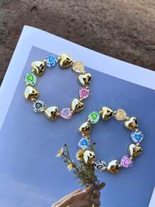 1 pieza Pulsera elástica hecha a mano con cuentas de cobre, con corazón enchapado y esmalte colorido, adecuada para uso diario y eventos de mujeres