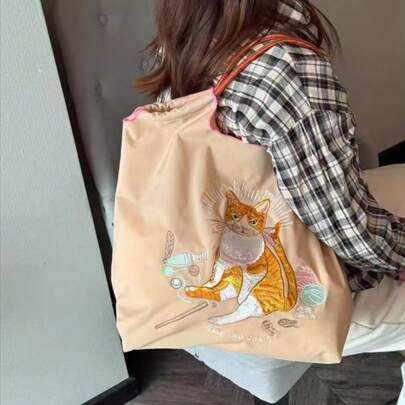 New Casual Fashion Embroidered Pattern Foldable Nylon Shopping Bag, Handbag, Large Capacity Suitable For Commuting, Shopping, Beach Party, Tote Bag With Handle And Shoulder Strap