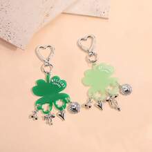 1pc Women's Lucky Four-Leaf Clover Key Chain With Mini Bow, Cherry, Heart Charms Pendant Accessory, Friendship Gift, Bag Charm - Green - View 2