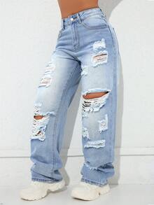 Y2K Rave Vintage High Waist Side Pocket Slit Straight Leg Jeans - Baby Blue - View 5