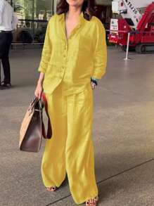 Casual Polo Collar Cardigan & Wide Leg Pants Set, Elegant, Versatile, Slimming, Solid Color Chic Shirt Top, Soft Fabric, Comfortable For Beach Vacation, Daily/Office Commute, Loose Waist Pants, 2 Pieces Outfit