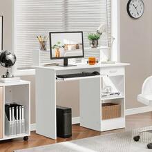 Home Office Wood Computer Desk With Drawers And Pull-Out Keyboard Tray, Study Writing Desk PC Laptop Table With Hutch And Storage Shelves, Modern Workstation, Black - White - View 2