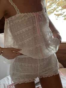 Women's Y2K Summer 2 Piece Pajamas Set Lace Trim Drawstring Sleeveless Cami Crop Tops And Elastic Waist Shorts Sleepwear Set - 白色 - 查看 1