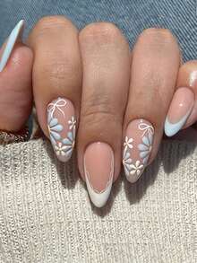 24 件法国蓝色按压指甲夏季模型花朵蝴蝶结装饰指甲按压新鲜设计假指甲中号杏仁形指甲艺术美甲套装包括 1 张粘合标签和 1 个迷你锉刀，非常适合日常佩戴美甲用品 - 彩色 - 查看 1