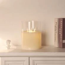 3 Wick Flameless Glass Candle, Glass Cylinder LED Candle With 6-Hour Timer Function Electric Candles Battery Table Candle For Decoration Table Living Room Bedroom Garden (White, Large) - White - View 10