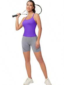 Workout Tops Women With Built In Bra, Sleeveless Gym Tops Seamless Racerback Athletic Yoga Shirts, Activewear - 紫色 - 查看 3