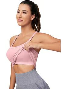 Workout Tops Women With Built In Bra, Sleeveless Gym Tops Seamless Racerback Athletic Yoga Shirts, Activewear - 粉色 - 查看 5