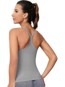 Workout Tops Women With Built In Bra, Sleeveless Gym Tops Seamless Racerback Athletic Yoga Shirts, Activewear - 灰色 - View 8
