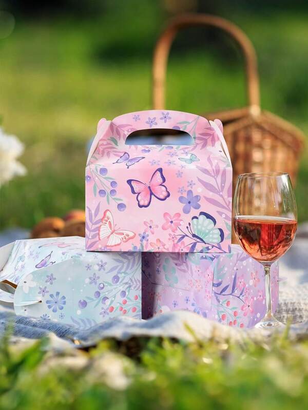 Conjunto de 3 caixas de presente de papel com tema de festa de chá de primavera, estilo borboleta e flor, adequadas para embalar presentes, lanches, festas, piqueniques, aniversários (estilo aleatório)