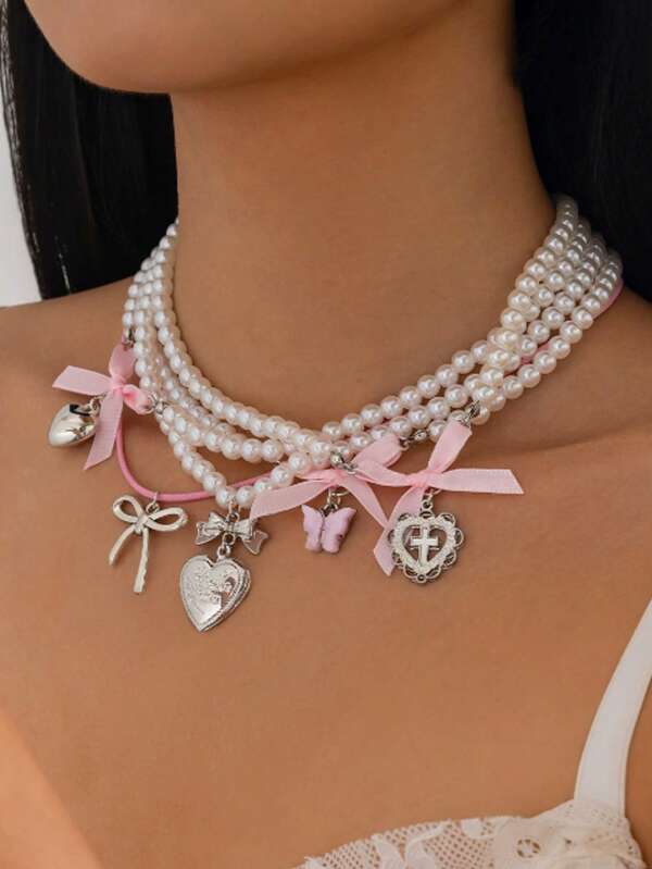 5pcs Geometric Fashionable Pink Bow And White Beaded Necklace Set