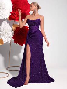 Elisanya Sequin Off Shoulder Hollow-Out Fishbone Prom Dress Ruched High Waist With Ribbon Split Thigh Backless Tie Back Cocktail Party Evening Long Floor Dress, Suit For Wedding Guest, Formal, Graduation And Date Night - Violet Purple - View 9