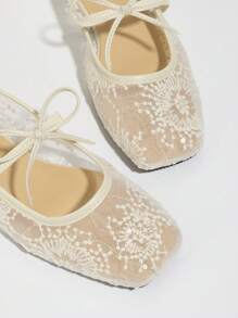 Women's White Ballet Flats With Bow Decor, Flower Embroidery, Breathable Mesh Vamp, Square Toe, Suitable For Wide Or Plump Feet, Summer Mary Jane Shoes