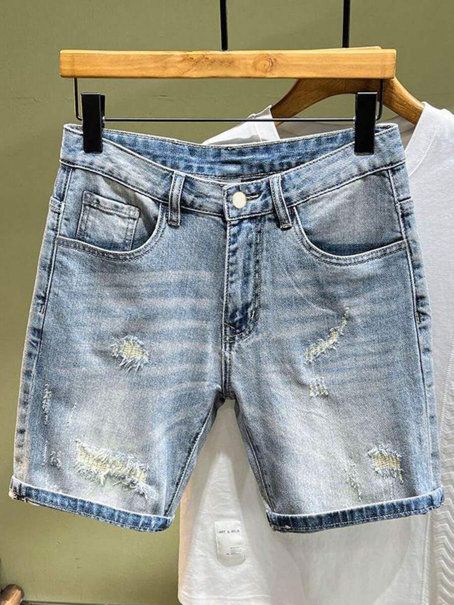 Distressed Washed Loose Fit Wide Leg Casual Denim Shorts For Men - 水鴨藍 - 查看 1