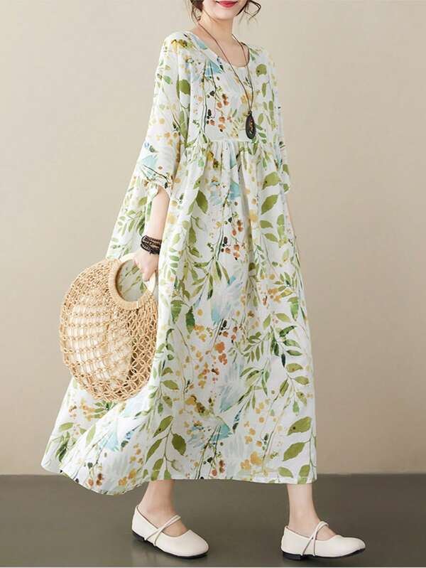 Tops, Bohemian Casual Holiday Dress, Floral Dress, 2025 Summer Crew-Neck Short Sleeve Loose Plus Size Swing Dress, Elegant Dress, Inside Nightdress