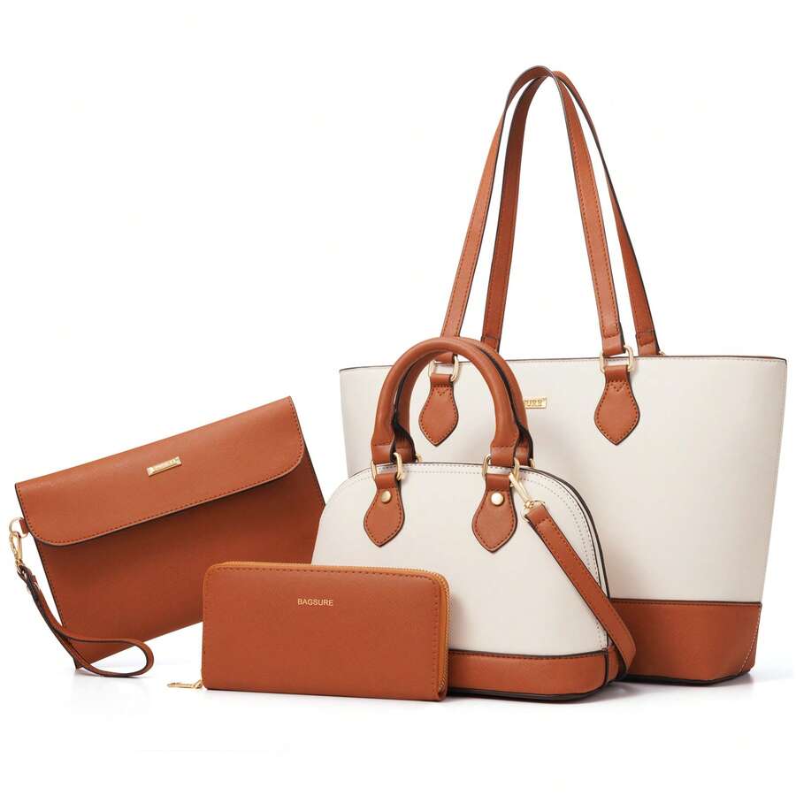 UKEIN 4PCS Women Fashion Handbags Purses Wallet Tote Shoulder Bags Casual Crossbody Bags, Best Valentine's Day Gift For Ladies Girls, Satchel Purse Set 4pcs - 棕白色 - 查看 1