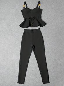 Women's Solid Color Ruffle Hem Camisole And Pants Elegant Fashion 2 Pieces Set