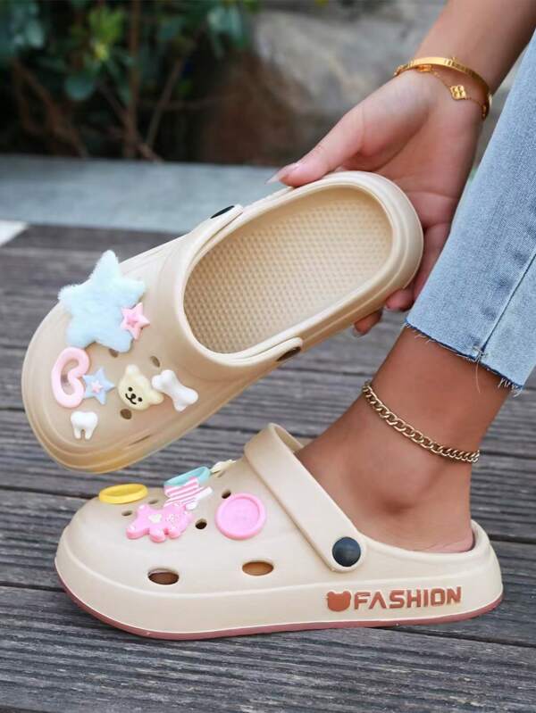 New Fashionable Khaki EVA Material Men's And Women's Sandals - Fashionable Cute Cartoon Button Colored Dopamine Adult Shoes And Slippers, Soft Sole, Comfortable Toe, Ideal Choice For Indoor/Outdoor Wear In Spring And Summer, Travel Beach Sandals