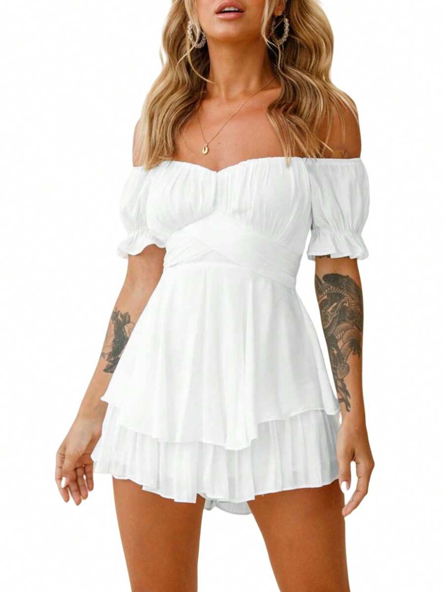 Womens Lantern Ruffle Romper Off Shoulder Short Sleeve Flowy Lyaner Smocked Romper Dress Short Jumpsuit Playsuits Mini Dress - 白色 - 查看 1