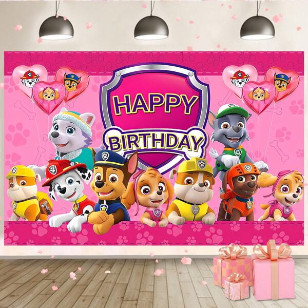 Paw Patrol 1 PIEZA Telón de fondo rosa con tema de escudo de la Patrulla Canina para fiesta de cumpleaños, decoración de pared, fotografía y eventos de celebración de 82.7x59.1 pulgadas, 59.1x39.4 pulgadas, 39.4x29.5 pulgadas