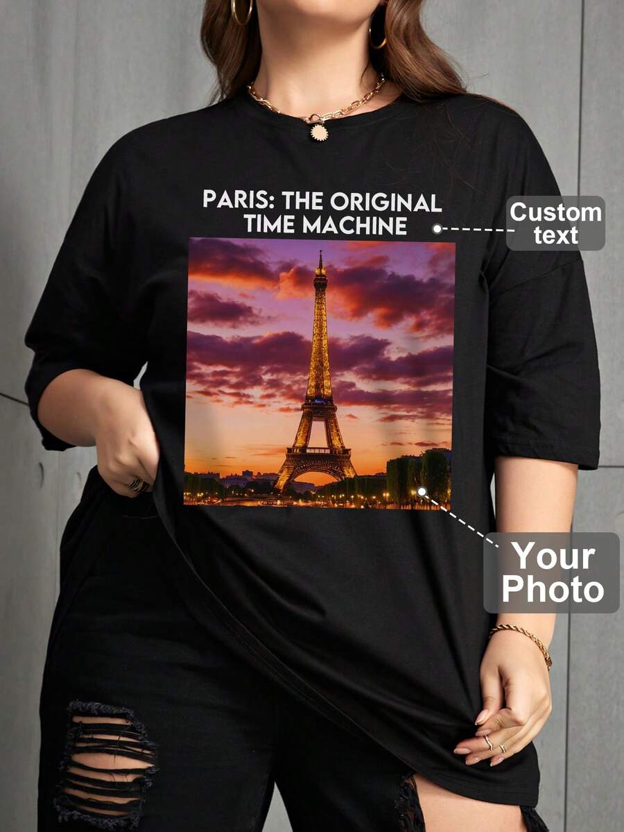 Camiseta suelta personalizada de mujer talla grande, sube tu foto/imagen/paisaje, personalízala con texto/felicitaciones de cumpleaños/citas/lemas, camiseta holgada de mujer talla grande de cuello redondo, top negro suelto, regalo de aniversario, regalo del Día de San Valentín, regalo festivo, ropa de primavera/verano, regalo único, regalo creativo, pareja/mejor amigo a juego, uniforme de trabajo en equipo, personalización empresarial - Negro - Ver 1