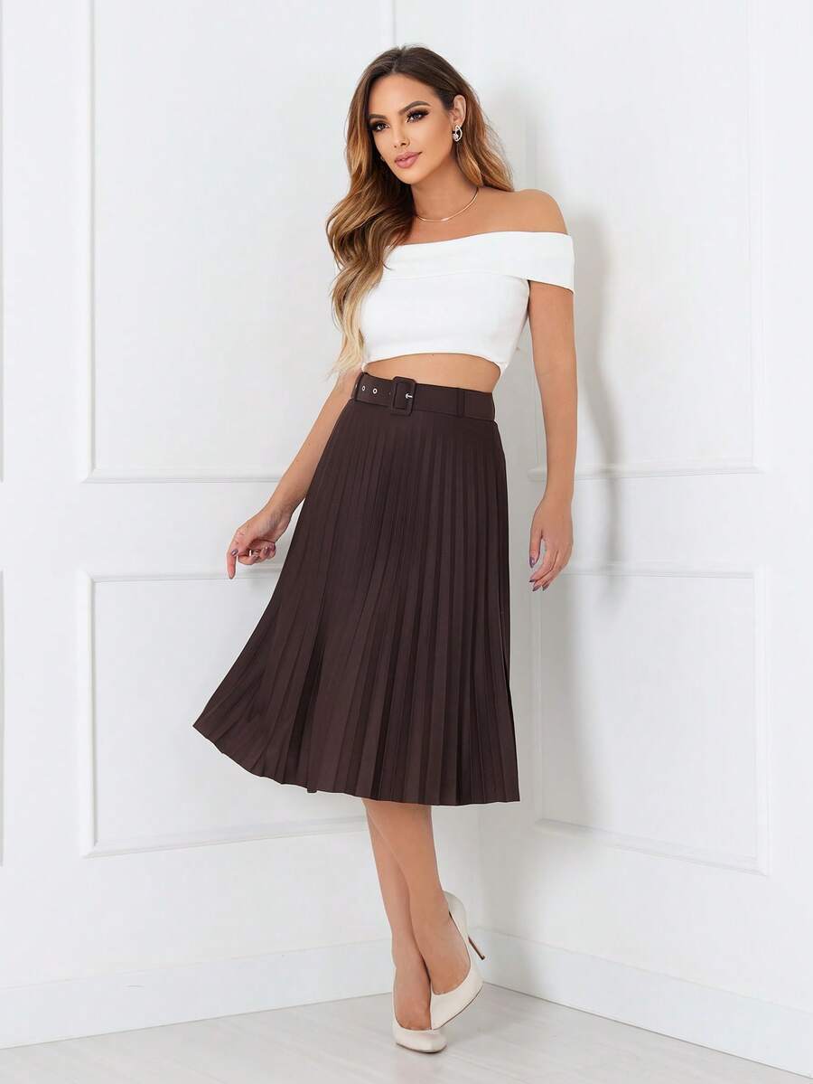 Evangelical Fashion Midi Pleated Skirt With Lined Buckle Belt Code:124 - MARROM - View 1