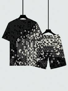 Zero limit Plus Size Men Sportwear Set, Regular Fit, Geometric Triangle Print Pattern Casual Outfit T-Shirt & Shorts 2 Pieces Set, Suitable Gift For Boyfriend, Husband, Father, Golf, Fishing, Basketball, Camping, Gym, Swimming, Beach - Black - View 4