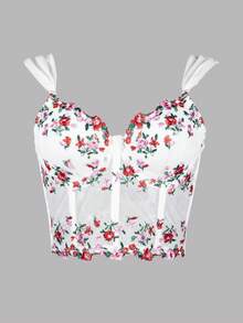 Floral Embroidery Mesh Bustier Corset Top - White - View 1