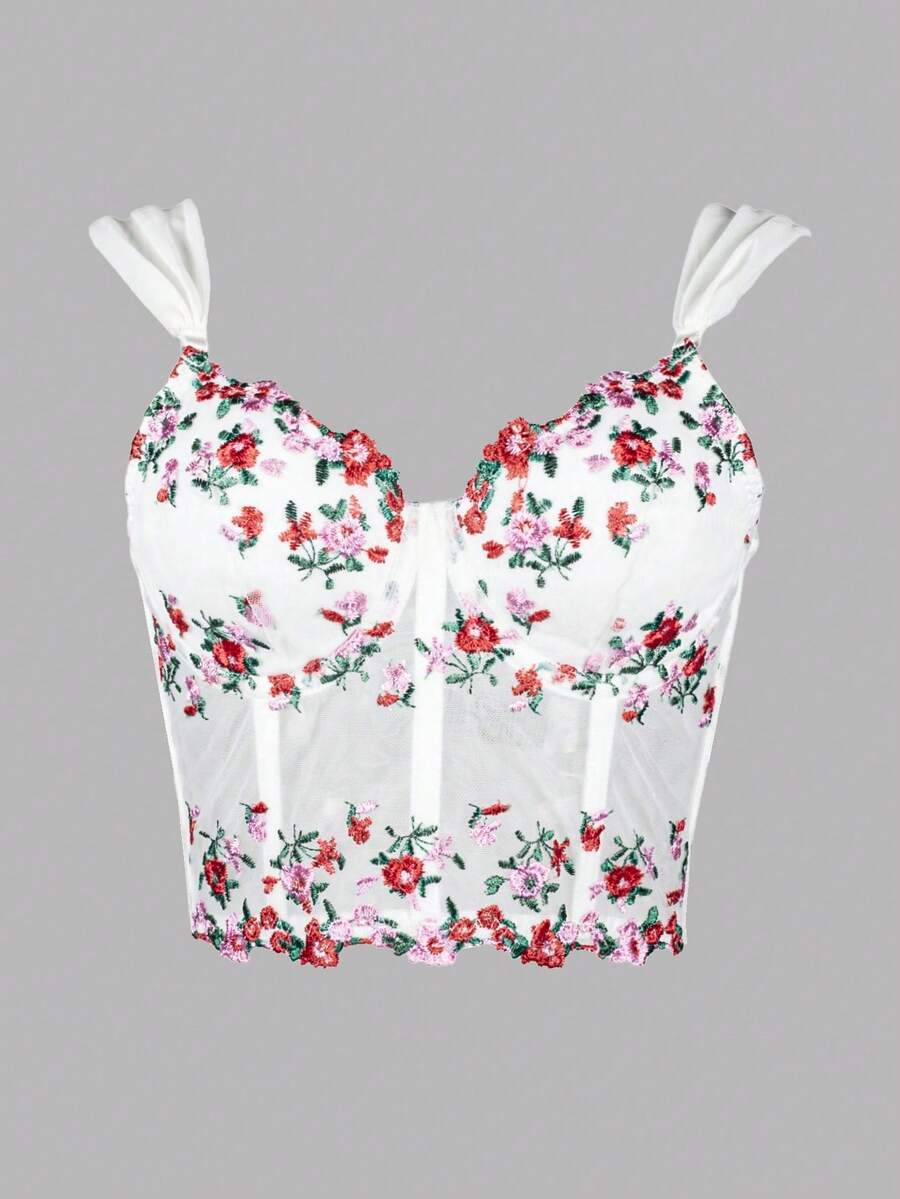 Floral Embroidery Mesh Bustier Corset Top - White - View 1