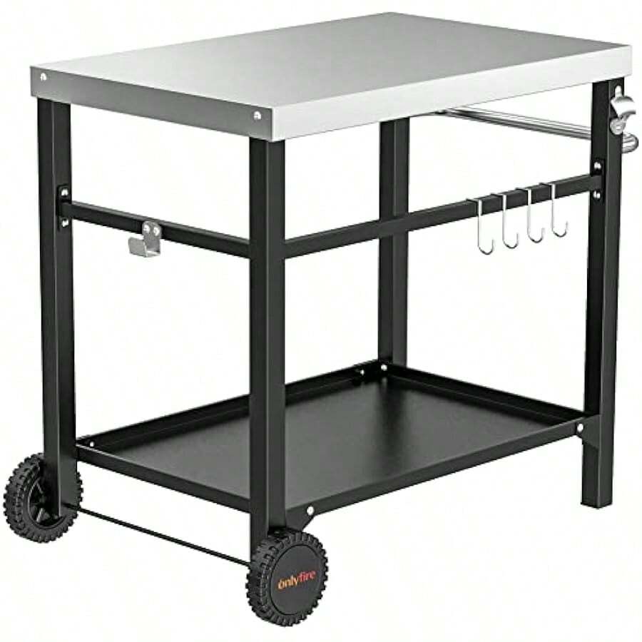 Onlyfire BBQ Serving Trolley Table Stainl Steel Flattop Worktable Double-Shelf With Utensil Holder For Outdoor Grilling And Cooking - Silver - View 1