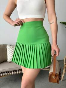 Solid Color Casual Pleated Holiday Mini Skirt, Woven Fabric - Green - View 3